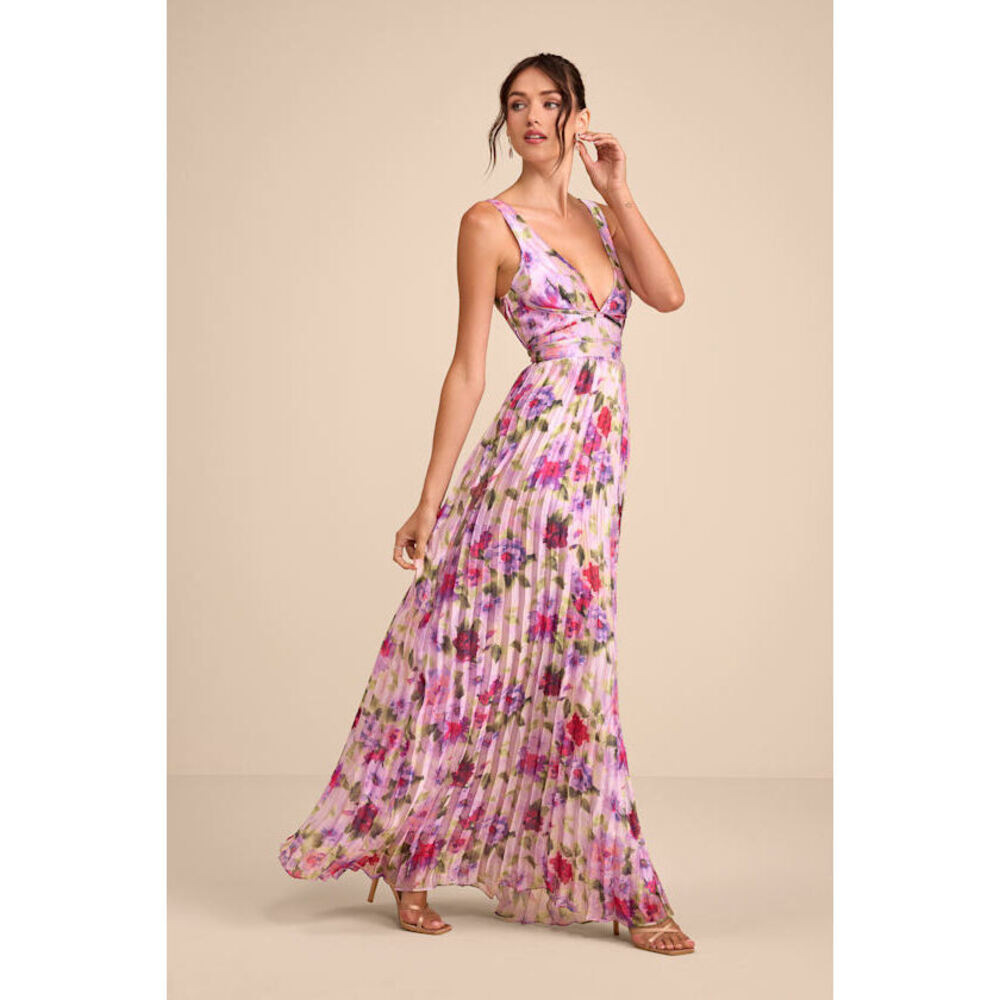 Lulus Morgana Pink Multi Floral Satin Pleated Maxi Dress Purple - Size S